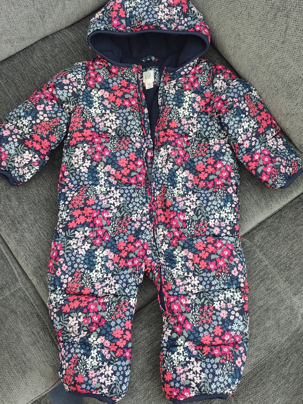 Gap Kids Floral Hooded One-Piece Snowsuit - Navy & Pink 6-12 Months
